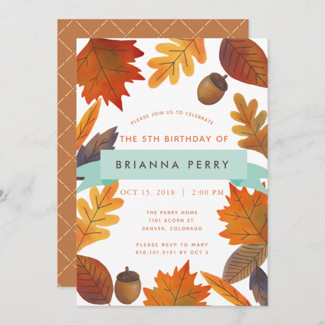 Der Herbst hinterlässt den White Water Color Kinde Einladung (Vorne/Hinten)