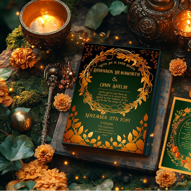 Der Herbst in Grün und Orange Druid-Hill Einladung (Druid Hill Autumn Wreath Green and Orange Wedding Invitation )