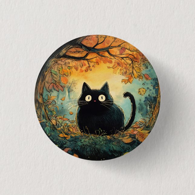 Der Herbst lässt eine gemütliche schwarze Katze fa Button (Vorderseite)