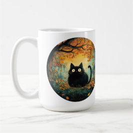 Der Herbst lässt eine gemütliche schwarze Katze fa Kaffeetasse