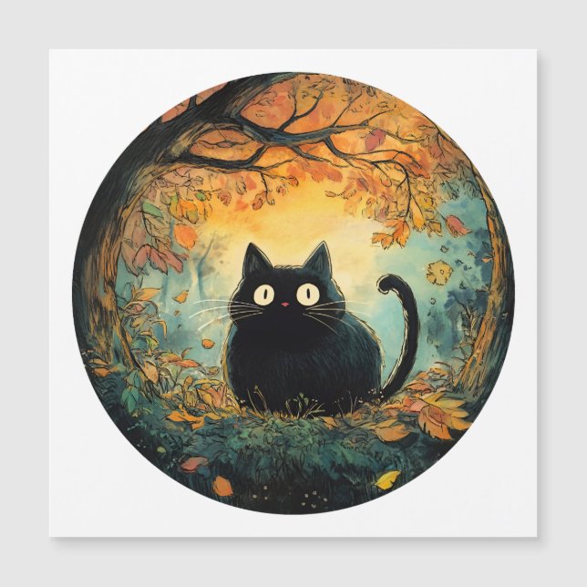 Der Herbst lässt eine gemütliche schwarze Katze fa Magneteinladung (Vorderseite)