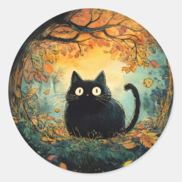 Der Herbst lässt eine gemütliche schwarze Katze fa Runder Aufkleber