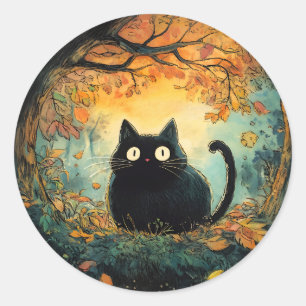 Der Herbst lässt eine gemütliche schwarze Katze fa Runder Aufkleber