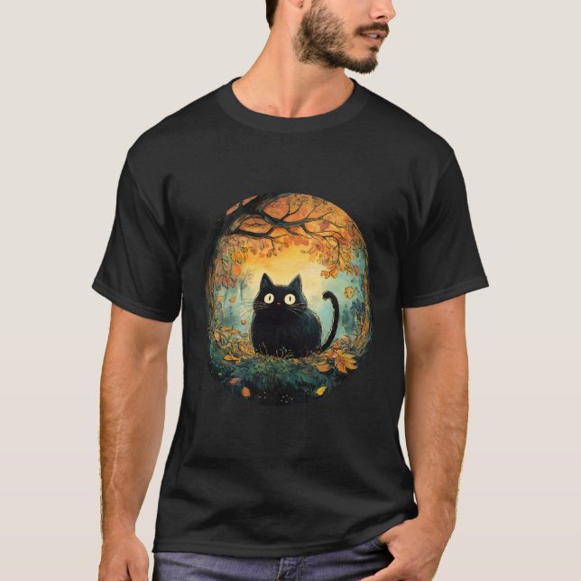Der Herbst lässt eine gemütliche schwarze Katze fa T-Shirt (Vorderseite)