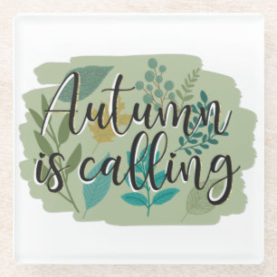 Der Herbst ruft -Herbstlaub im grünen Hintergrund  Glasuntersetzer