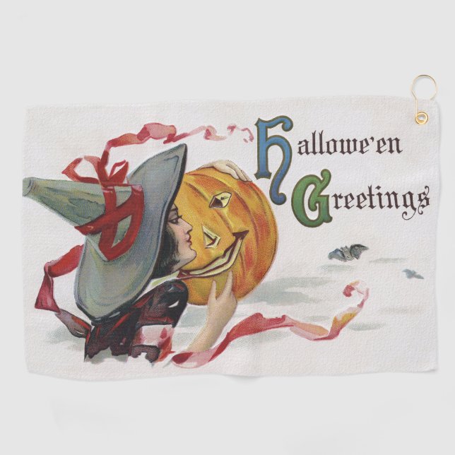Der Hexenkuss: eine Kürbislaterne zu Halloween Golfhandtuch (Horizontal)