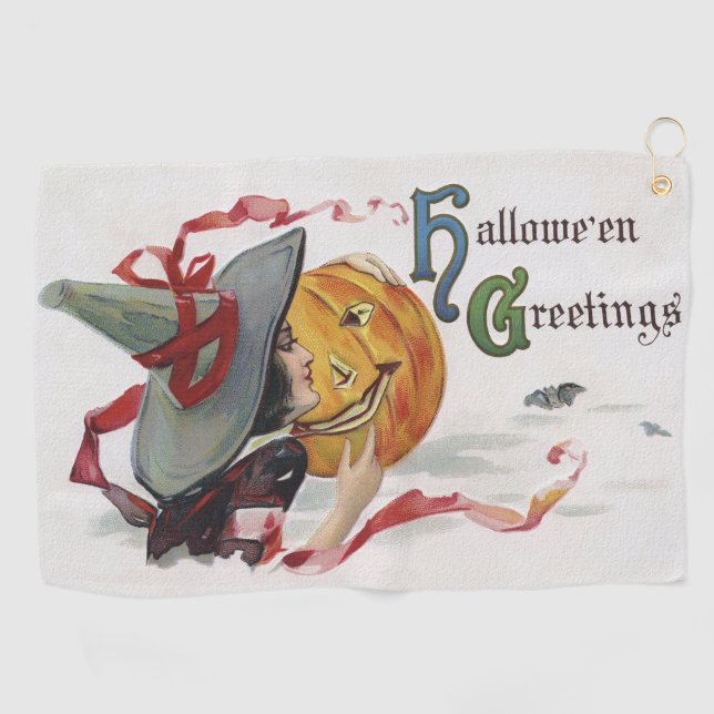 Der Hexenkuss: eine Kürbislaterne zu Halloween Golfhandtuch (Horizontal)