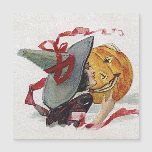 Der Hexenkuss: eine Kürbislaterne zu Halloween Magnetkarte (Vorderseite)