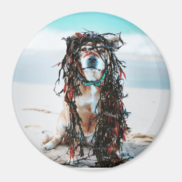 Der Hund mit Algen im Haar. Staffy am Strand Magnet