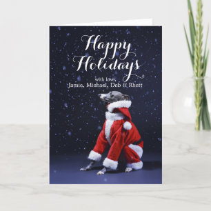 Der Hund sitzt, um Weihnachten des Vaters anzuzieh