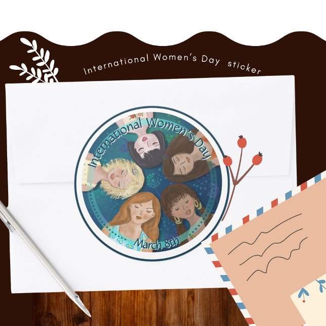 Der Internationale Frauentag in Blau Runder Aufkleber (International Women's Day hand drawn in Blue Classic Round Sticker)
