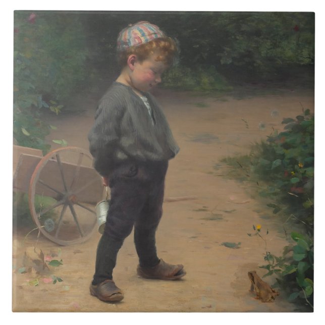 Der junge Biologe mit einem Frosch (von Paul Peel) Fliese (Vorderseite)
