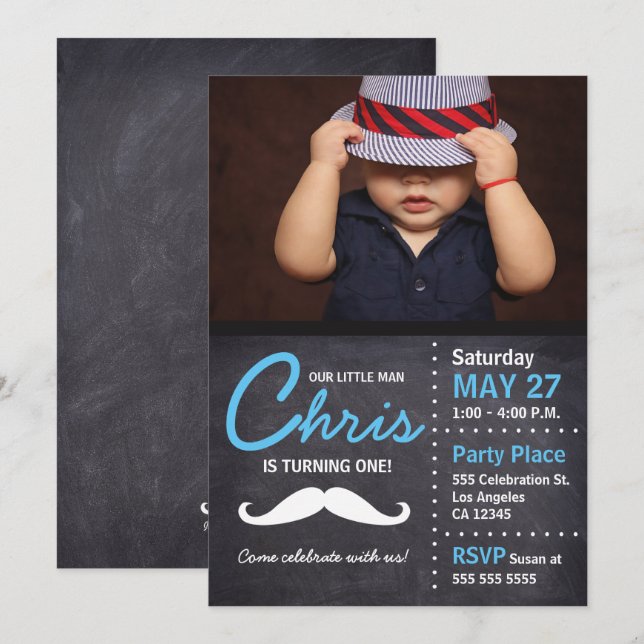 Der kleine Mann dreht eins - Foto, Schnurrbart, Kr Einladung (Vorne/Hinten)