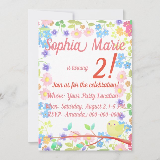 Der kleine Vogel auf einem blühenden Baum zum Gebu Einladung (Vorderseite)