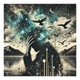Der Kopf des Menschen in den Händen mit Starry Sky Fotodruck