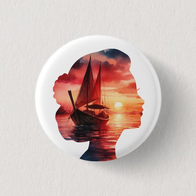 der Kopf einer Frau, der einen Sonnenuntergang mit Button (Vorderseite)