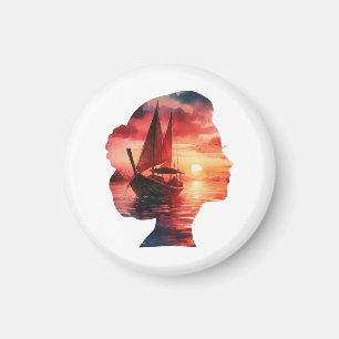 der Kopf einer Frau, der einen Sonnenuntergang mit Magnet