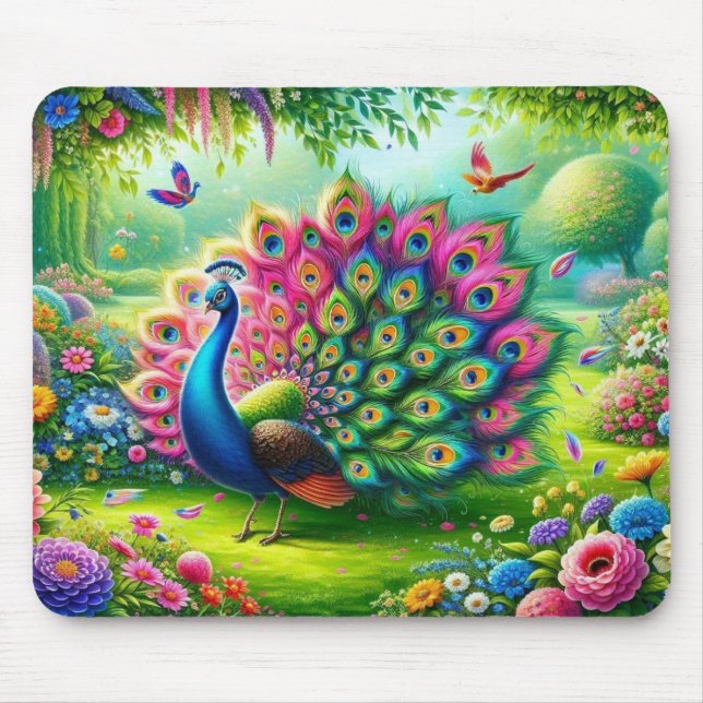 Der lebendige Pfau in einem Fantasy-Garten Malerei Mousepad (Vorne)