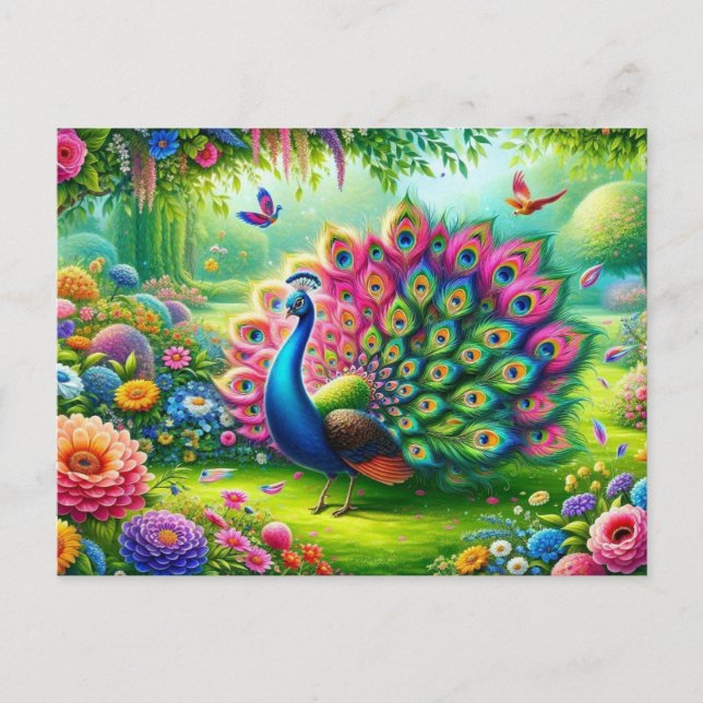 Der lebendige Pfau in einem Fantasy-Garten Malerei Postkarte (Vorderseite)