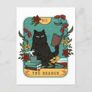 Der Leser, Tarot Katze mit Blume, Büchern, Kaffee Postkarte