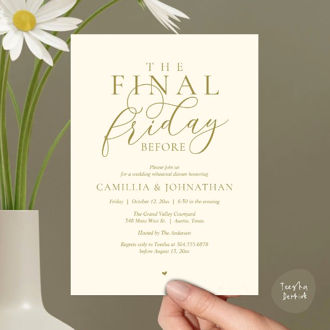 “Der letzte Freitag vor” Romantisches Probedinner- Einladung (“The Final Friday Before” Romance Rehearsal Dinner Invitation Card in Yellow Gold Cream)