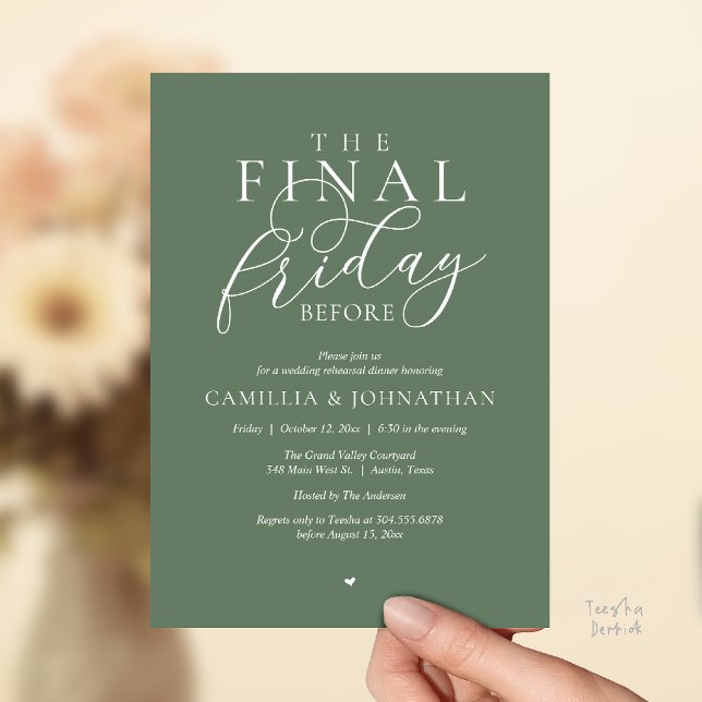“Der letzte Freitag vor” Romantisches Probedinner Einladung (“The Final Friday Before” Romance Rehearsal Dinner Invitation Card in Sage Green)