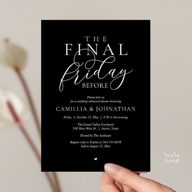 “Der letzte Freitag vor” Romantisches Probedinner Einladung (“The Final Friday Before” Romance Rehearsal Dinner Invitation Card in Minimalist Black)