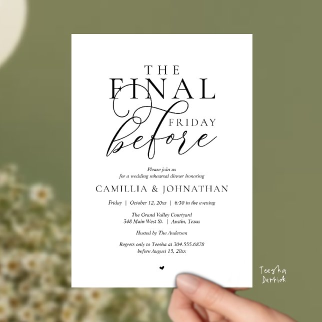 “Der letzte Freitag vor” Romantisches Probedinner Einladung (“The Final Friday Before” Romance Rehearsal Dinner Celebration Invitation Card in black and white)