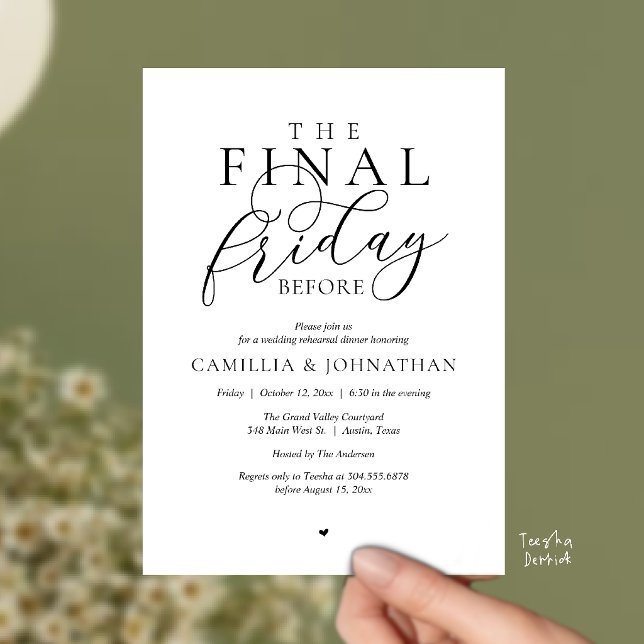 “Der letzte Freitag vor” Romantisches Probedinner Einladung (“The Final Friday Before” Romance Rehearsal Dinner Celebration Invitation Card in black and white)