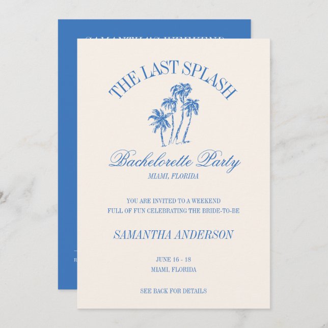 Der letzte Splash Blue Retro Beach Bachelorette Einladung (Vorne/Hinten)