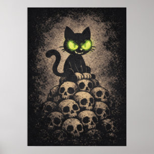 Der letzte Zischen - Retro-Katze auf Totenschädeln Poster
