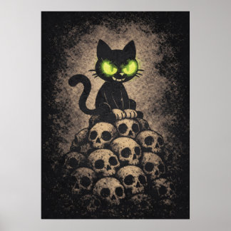 Der letzte Zischen - Retro-Katze auf Totenschädeln Poster