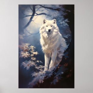 Der liebliche weiße Wolf unter dem Mond Poster