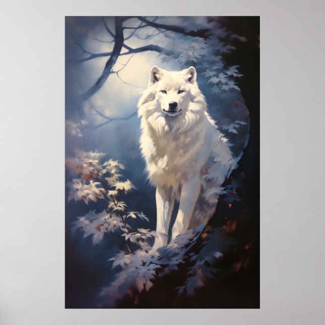 Der liebliche weiße Wolf unter dem Mond Poster (Vorne)