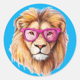 Der Löwe mit rosa Brille dunkelblauer Hintergrund Runder Aufkleber