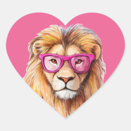 Der Löwe mit rosa Brille rosa Hintergrund Herz-Aufkleber
