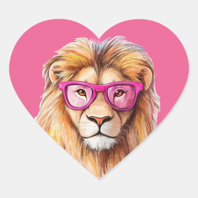 Der Löwe mit rosa Brille rosa Hintergrund Herz-Aufkleber (Vorderseite)
