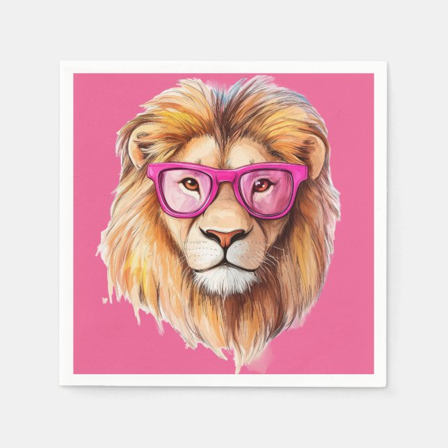 Der Löwe mit rosa Brille - rosa Hintergrund Serviette (Vorderseite)