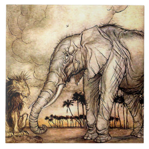 „Der Löwe und der Elefant“ von Arthur Rackham Fliese