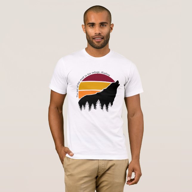 Der Lüfter des Wolfs ist sein Retro Sunset T-Shirt (Vorne ganz)