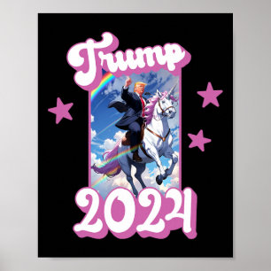 Der lustige Donald Trump reitet ein Einhorn. Pink Poster