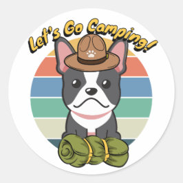 Der lustige französische Bulldogge will Camping zu Runder Aufkleber