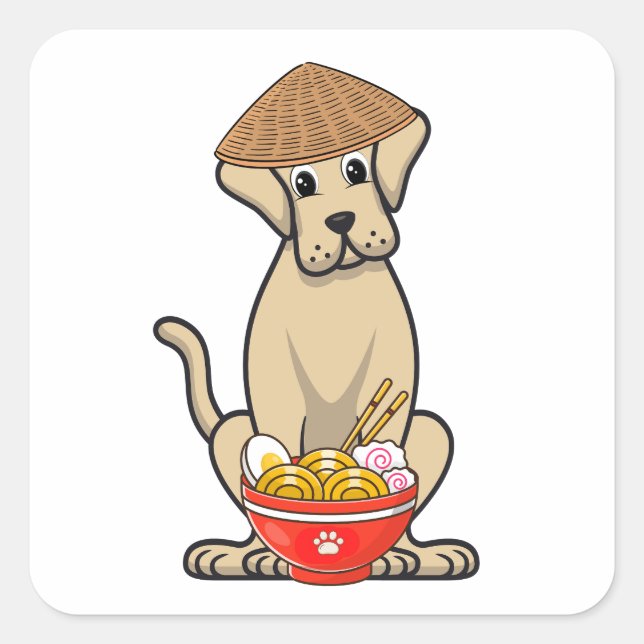 Der lustige große Hund isst Nudeln Quadratischer Aufkleber (Vorderseite)