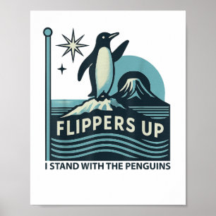 Der lustige Pinguin zieht mich hoch und steht mit Poster