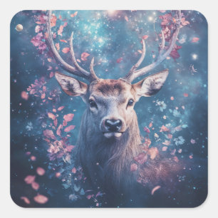 Der magische Hirsch unter Sternen und Blumen Quadratischer Aufkleber