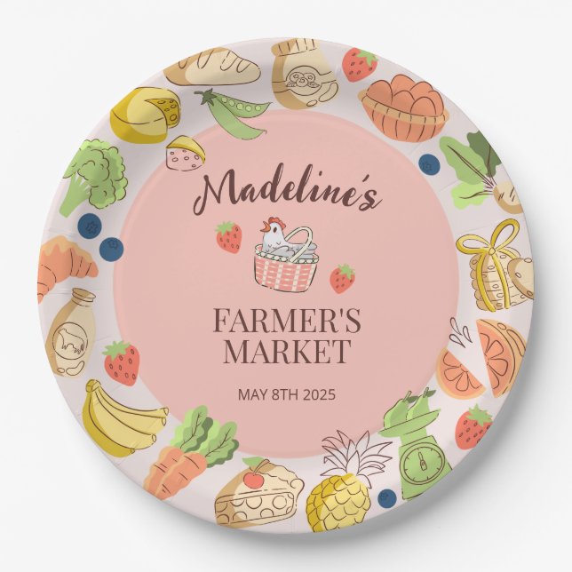 Der Markt für Obst und Gemüse in Pastellrosa Pappteller (Vorderseite)