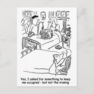 Der Mensch bringt Bügeln zur Ehefrau im Krankenhau Postkarte