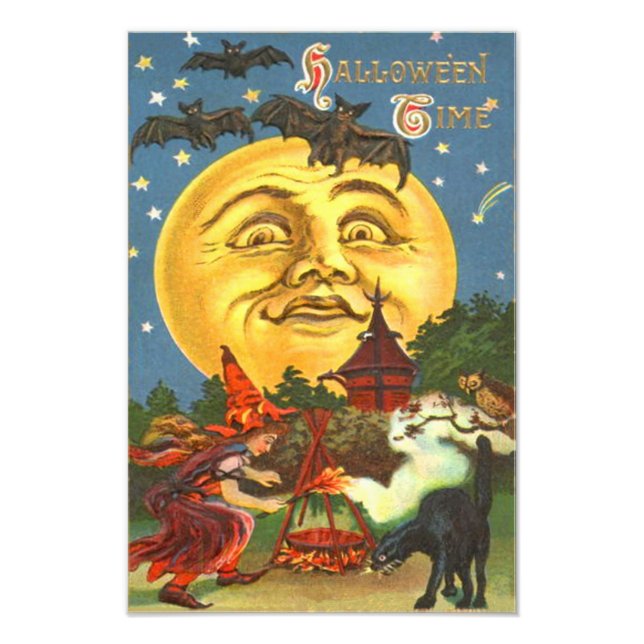 Der Mensch im Mond Schwarze Katze Hexenkatze Vollm Fotodruck (Vorne)