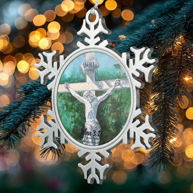 Der moderne Glaube John 3:16 Schneeflocken Zinn-Ornament (Classic ''Reason For The Season'' Crucifix Cross On Ornament)