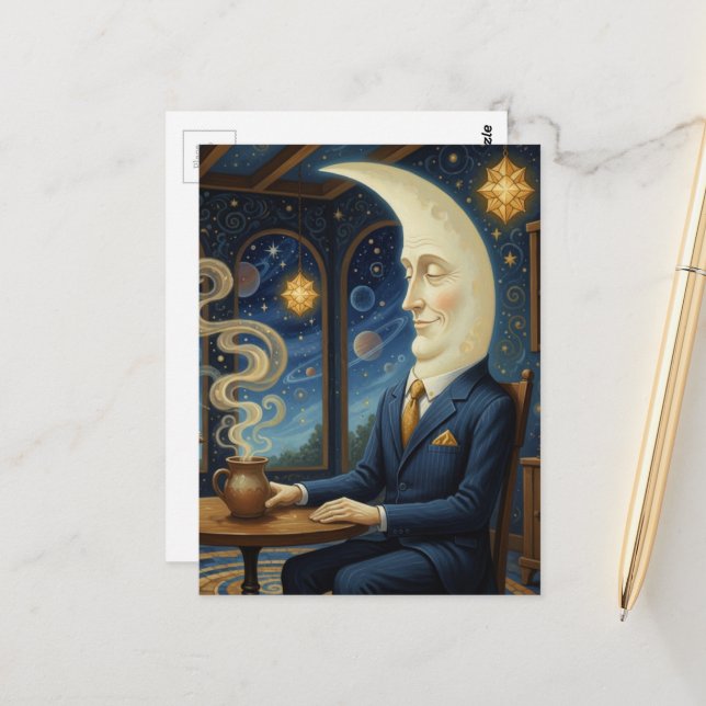 Der Mond geht Kaffee trinken Postkarte (Vorderseite/Rückseite Beispiel)